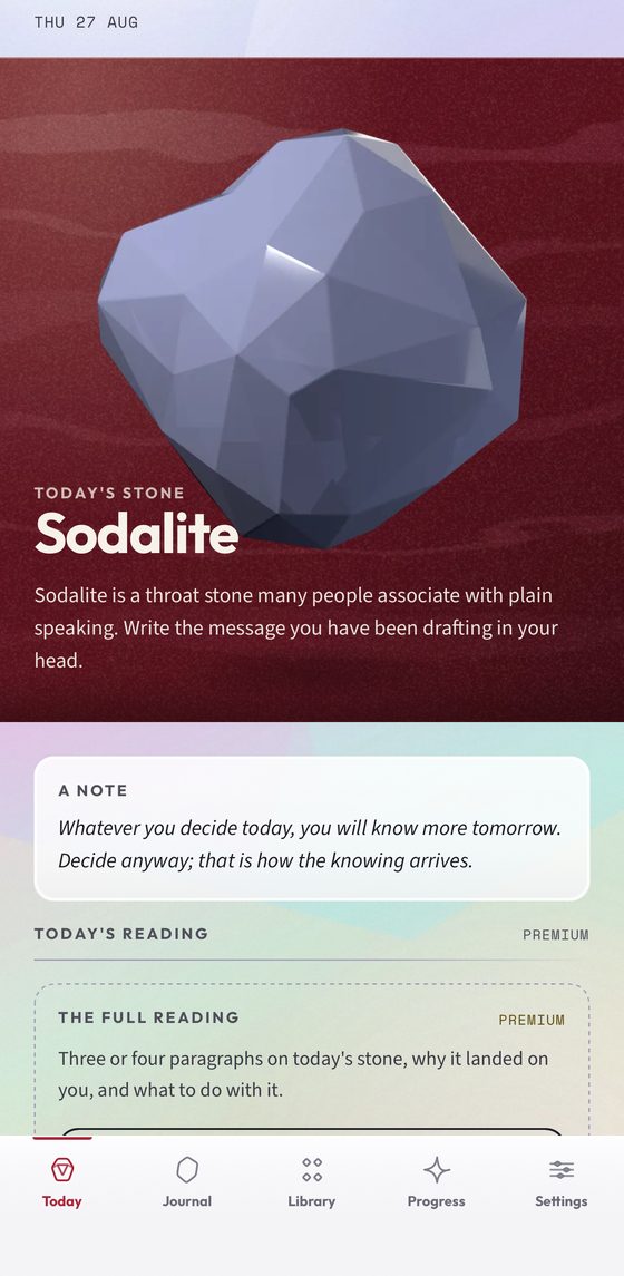Pocketstone’s Today screen: Sodalite as the day’s stone, with a one-line reason, a short note, and the full reading marked premium