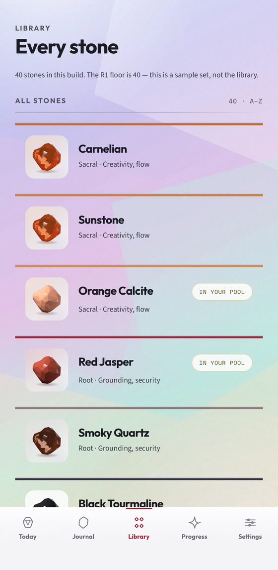 The library of forty stones — Carnelian, Sunstone, Orange Calcite and more — each with its chakra and keywords, and a badge on the ones already in your pool