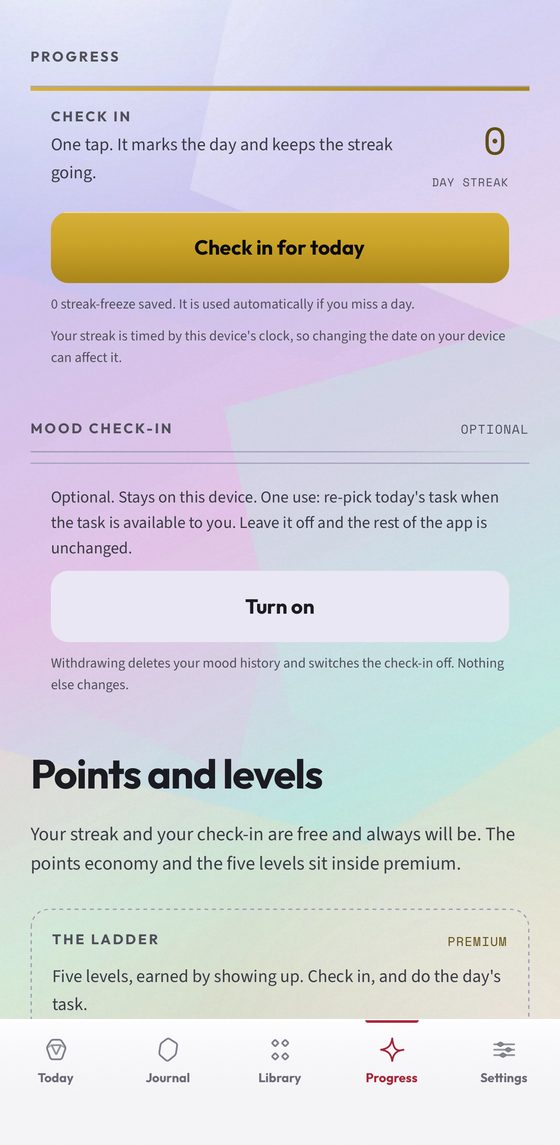 The progress screen: a one-tap check-in that keeps the streak, an optional mood check-in, and the five-level ladder