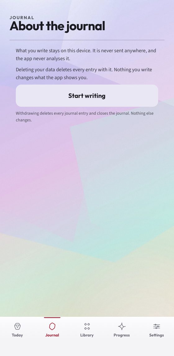 The journal screen explaining that what you write stays on this device, is never sent anywhere and is never analysed