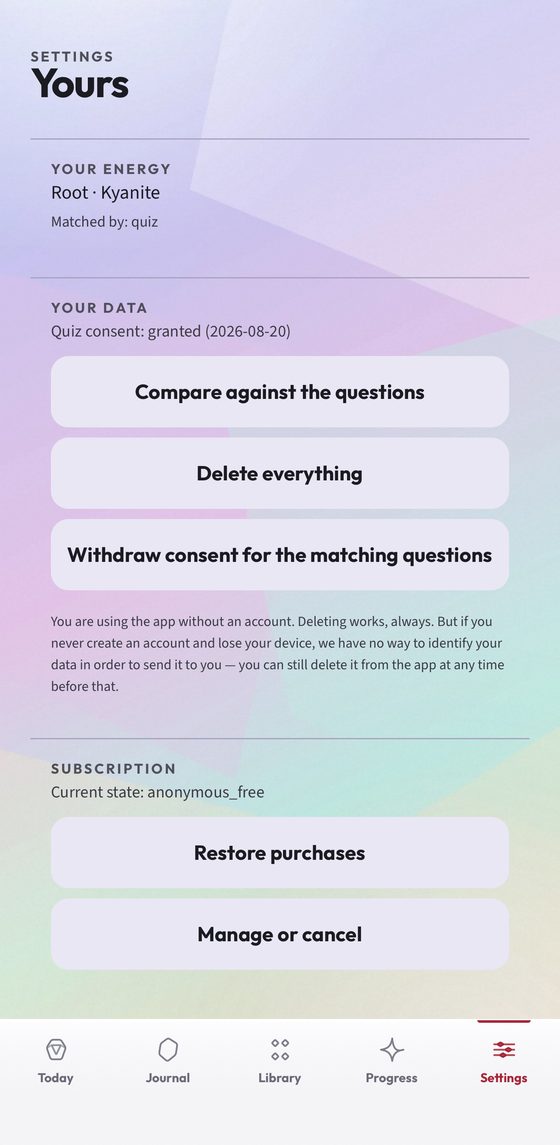 Settings showing the stone you were matched to, when consent was granted, and buttons to compare against the questions, delete everything, or withdraw consent