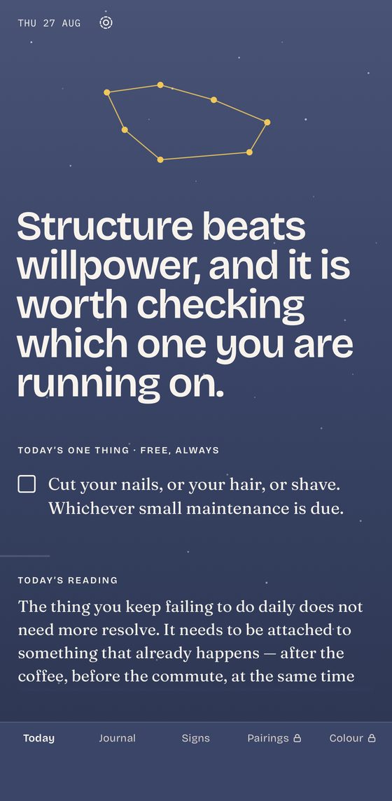 Sunsign Daily’s Today screen: the constellation, the day’s headline, and today’s one thing marked free, always