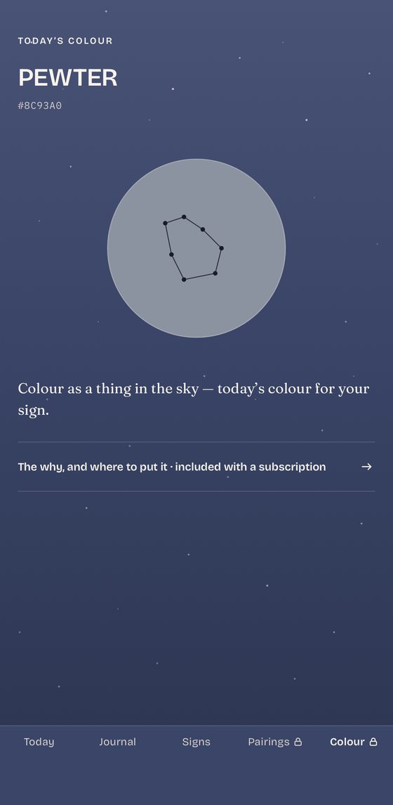 Today’s colour — Pewter, with its hex value — shown as a disc holding the sign’s constellation