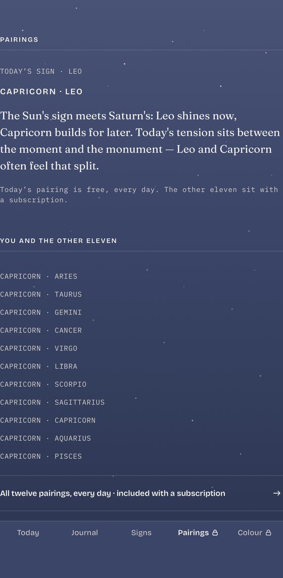 The pairings screen: today’s pairing of Capricorn and Leo free every day, with the other eleven listed
