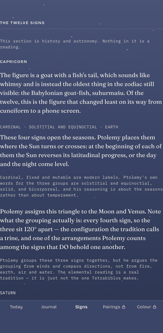 The twelve signs section, stating that it is history and astronomy and nothing in it is a reading, with Capricorn as the Babylonian goat-fish