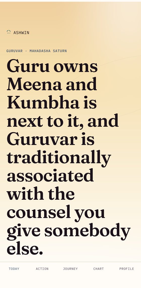 Vaara’s Today screen on a Guruvar in a Saturn mahadasha, with the day’s reading set in large type