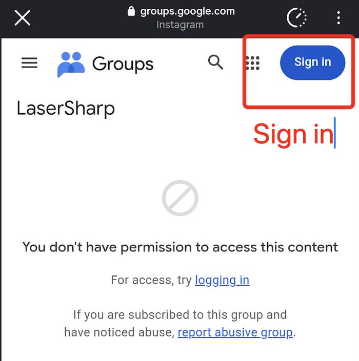 The group page on a phone, signed out, with the Sign in button circled and no Join group button anywhere